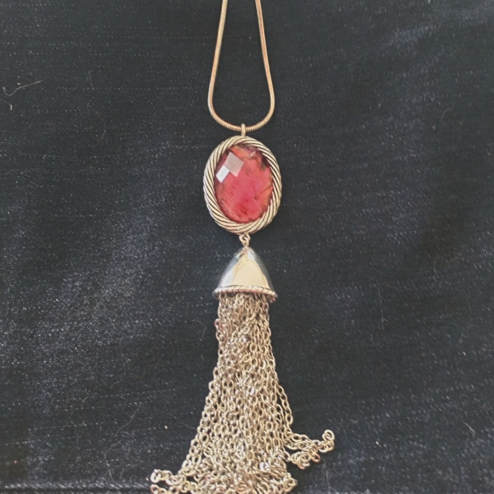 Beautiful 15" silver( chain) pendant with garnet stone and tassel